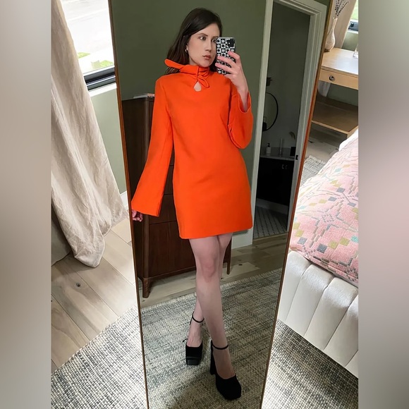 ZARA Woman High Neck Mini Dress With Tied Bow in Bright Orange sz XXL - Picture 2 of 16